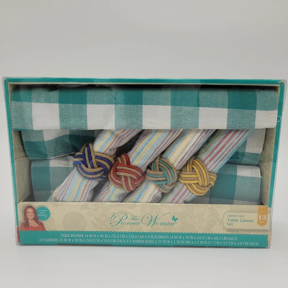 The Pioneer Woman Table Linen Set Teal White Charming Check Tablescape 13pc NEW
